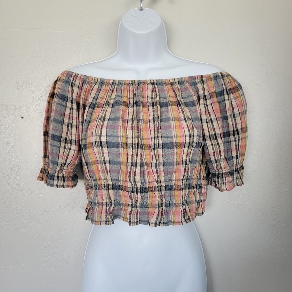 American Eagle Plaid Smocked Crop Top Half Sleeve Women's Small Pink Blue Beige